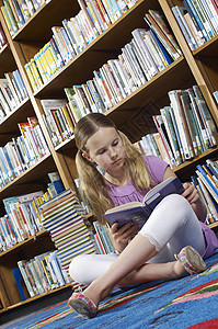 坐在地板上的女孩和图书馆倾斜的阅读书背景图片