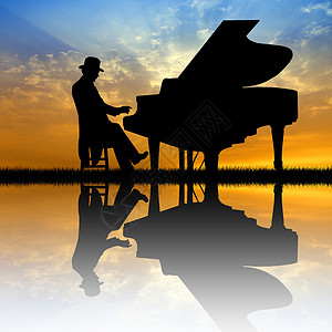 钢琴家庆典音乐会钢琴男人乐趣日落唱歌音乐背景图片