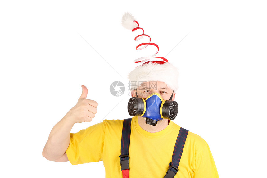 防毒面具和有趣的帽子工人显示拇指图片