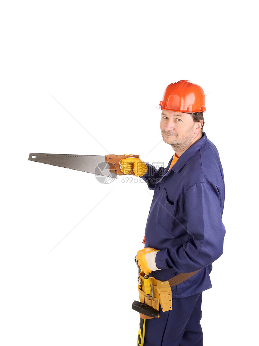 硬帽手持锯子工人服务工具白色扳手男人蓝色红色建筑建造橙子图片