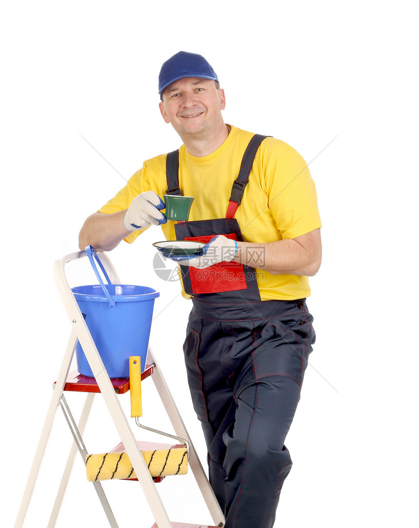 上梯子的工人加茶杯杯子员工扳手建造服务工作建筑身体螺丝刀蓝色图片