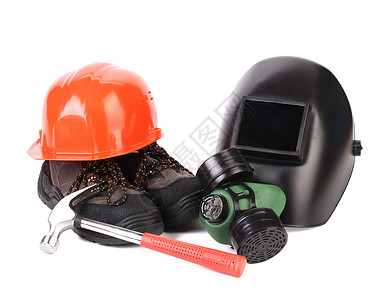 各种保护设备齿轮结构性黑色焊接盔甲安全锤子帽子工业面具背景图片