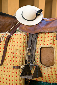 直升机帽或卡托雷娜 在马匹皮卡多的马鞍上的详细信息 西班牙背景