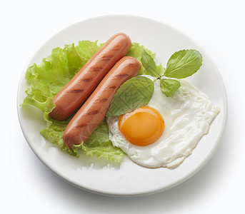 香肠和煎蛋绿色食物早餐白色油炸盘子高清图片