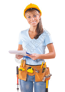 白背景有剪贴板的女性工人(女性工人)安全帽高清图片素材