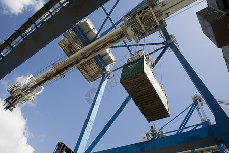在天空对面的靠岸起重机低角度视图Limassol 塞浦路斯金属码头加载机械港口工程货运贸易卸载运输背景图片
