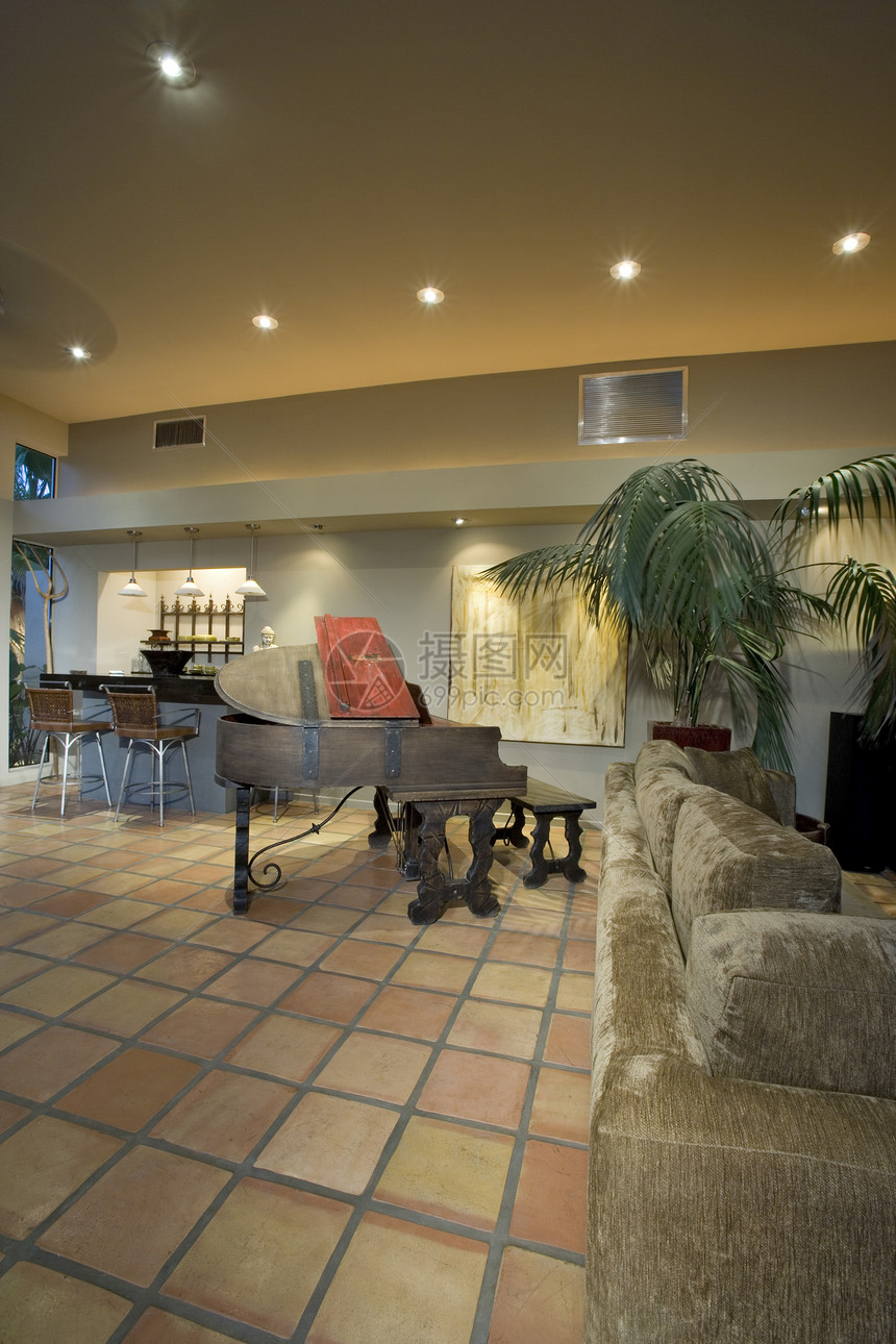 现代客厅 配有大钢琴三角建筑学橱窗地面内饰瓷砖音乐图片