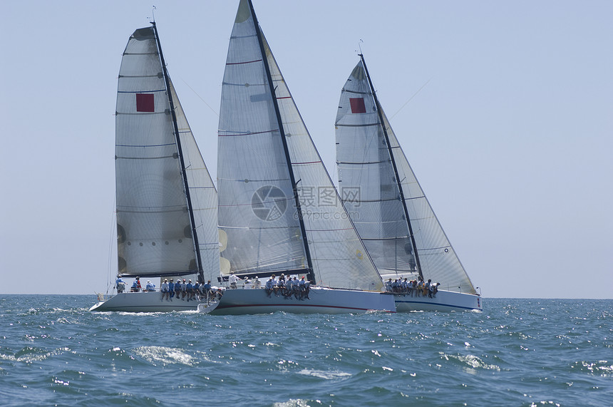 三艘游艇参加加利福尼亚州队帆船赛对抗帆船航海水车天空人员地平线悬念比赛运动图片