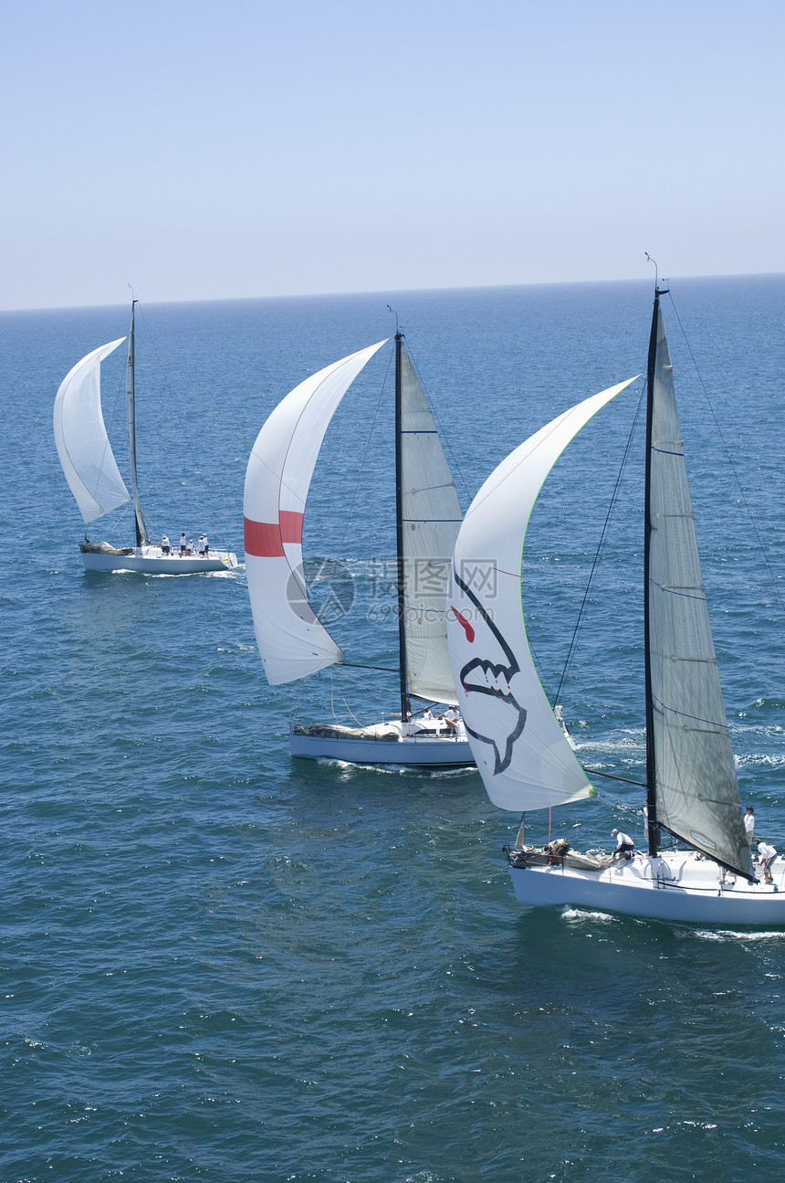 三艘游艇参加加利福尼亚州队帆船赛三物体育对抗日光运动地平线竞技海洋风速竞赛图片