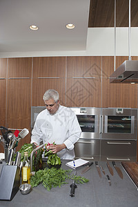 工作中男性商业性厨房水槽中男性厨师清洗菜叶蔬菜背景