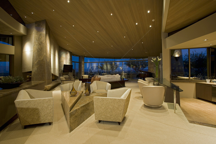 现代内地接待室中性色酒店休息区建筑学椅子天花板家具聚光灯扶手椅图片