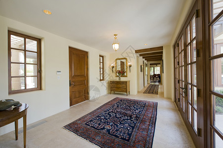 家里的空走廊入口玻璃门房间家庭地毯通道小地毯建筑学庭院场景背景图片