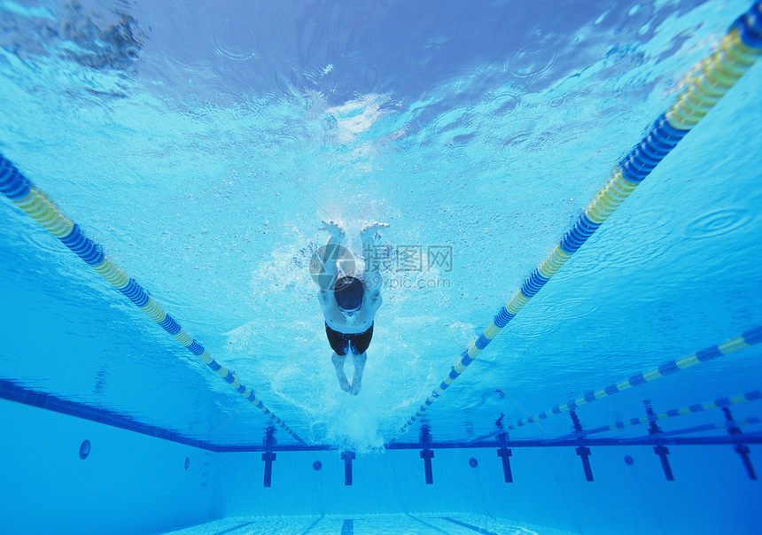 年轻男性运动员在游泳池游泳的下水镜头蓝色精神男士挑战娱乐闲暇奉献项目赛车泳道图片