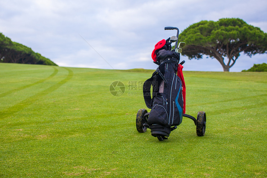 在绿色完美田地上贴近高尔夫袋闲暇竞争运动工具娱乐玩家轮子游戏成套休闲图片