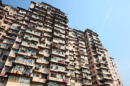 香港过度拥挤的住宅楼 拥挤不堪贫困人口贫民窟市中心生活民众住房建筑学公寓城市背景