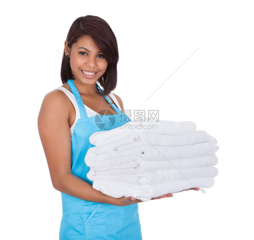 以毛巾微笑的女仆房子清洁工职业保姆服务打扫美丽女士女佣工人图片