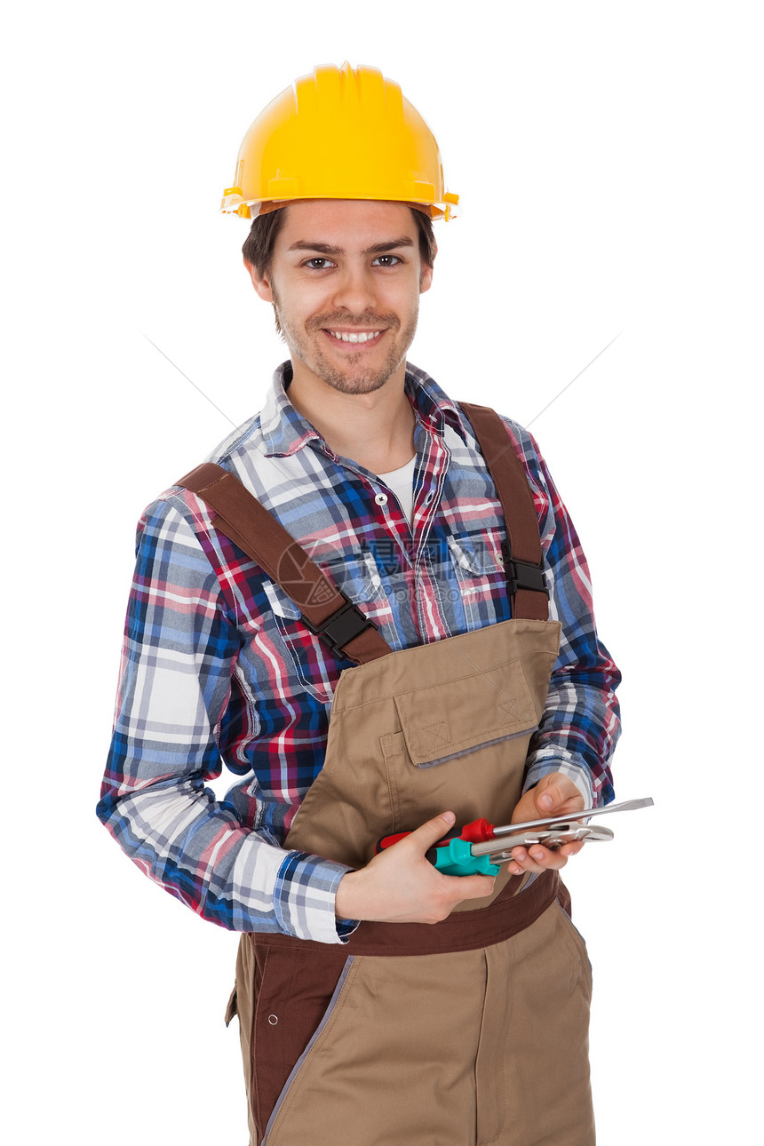 穿着硬帽子的自信工人工人领班承包商电工工匠建设者维修木匠建筑职业图片