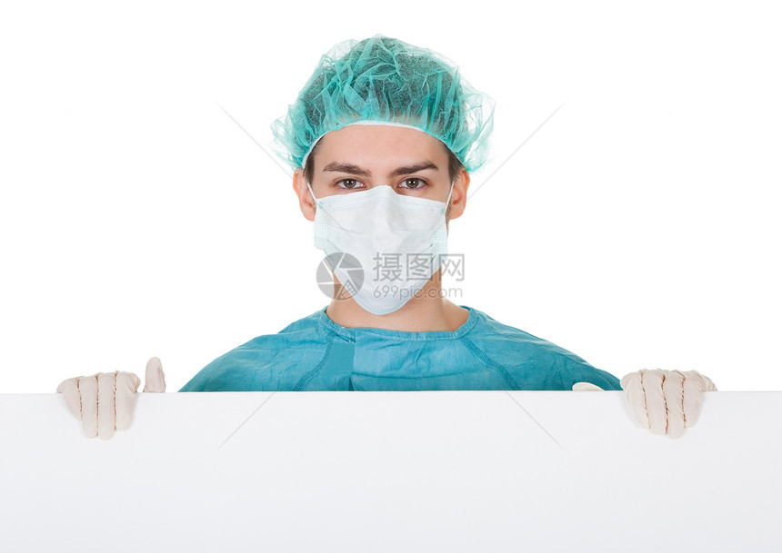 外科医生举着一个空白横幅职员卫生临床医生药品临床医师乳胶专家海报广告图片