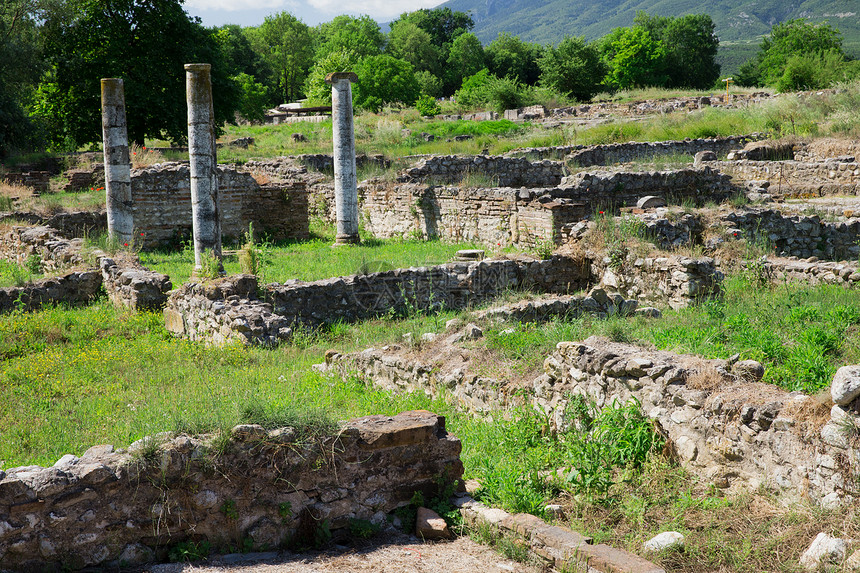 希腊迪翁的废墟人行道城市旅游考古学小路艺术地面寺庙马赛克街道图片