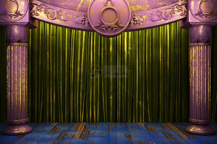 舞台绿布幕出版物歌剧奢华金子天鹅绒织物展览装潢画廊木头图片