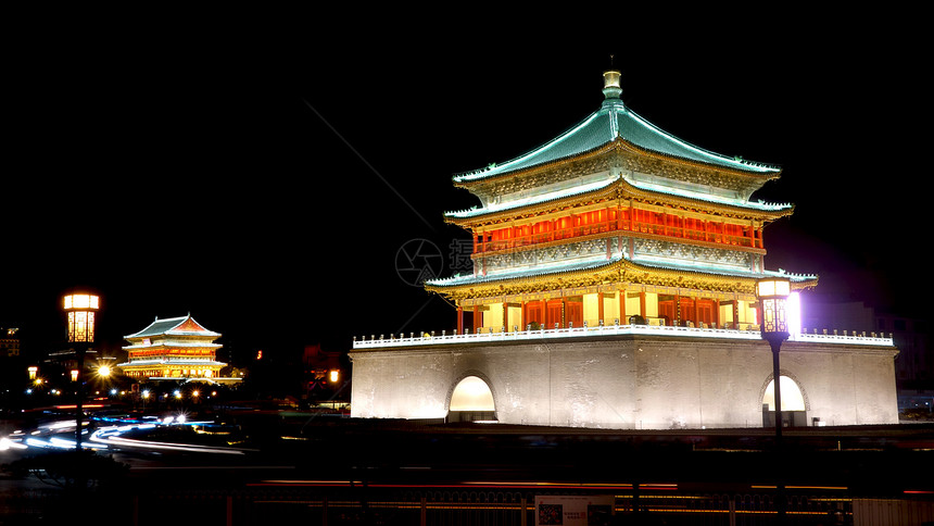 西安钟塔的夜景吸引力历史堡垒佛教徒纪念碑历史性地标建筑学宗教旅游图片