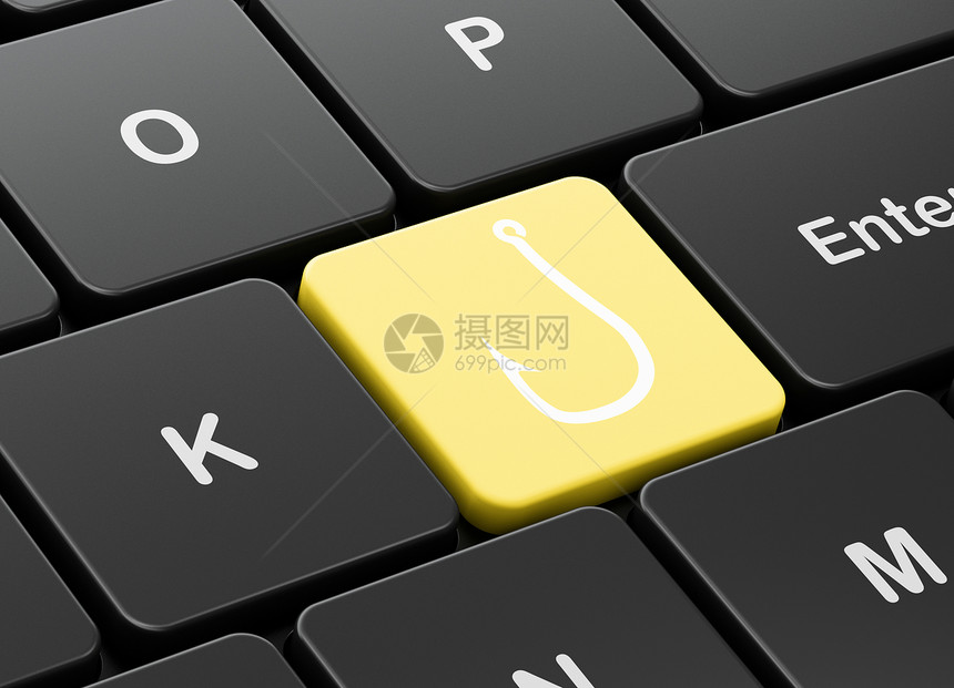 保护概念 在计算机键盘背景上钩钓鱼数据密码白色黄色隐私政策钥匙网络按钮裂缝图片