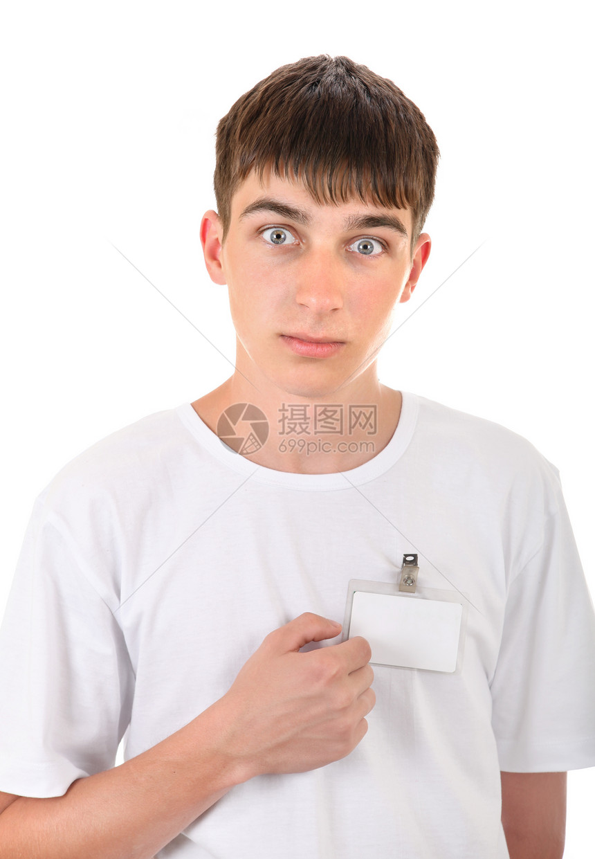 带空徽章的青少年空白工作节目标签员工白色男性手指工人男人图片