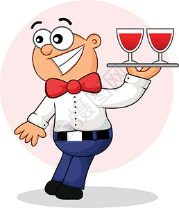 手托盘子令人惊讶的服务员卡通玻璃食物奢华餐饮咖啡店工人职员仆人餐厅男人插画