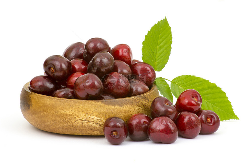 碗里的新鲜樱桃养分红色叶子食物绿色饮食甜点浆果水平水果图片