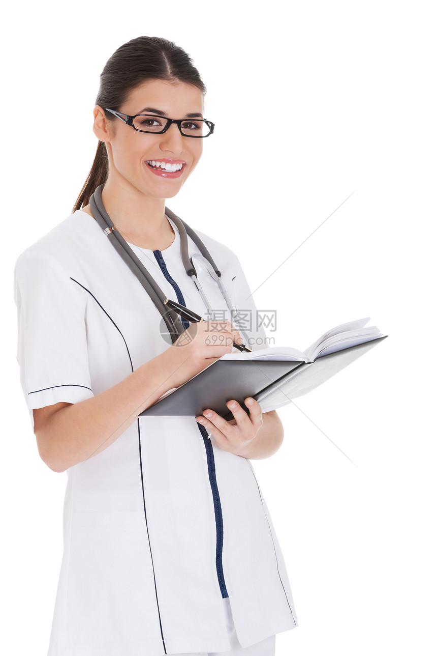 年轻女医生在一本书里闲逛工具儿科临床诊所乐器女士工人女性健康姿势图片