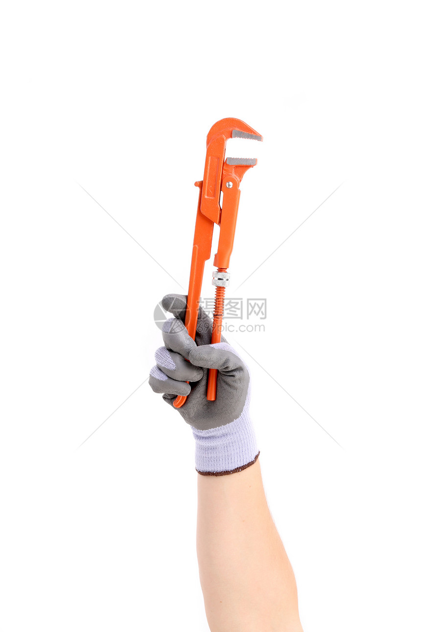 手握手套拿着扳手气体橙子工作机器工具劳动管道工人橡皮金属图片