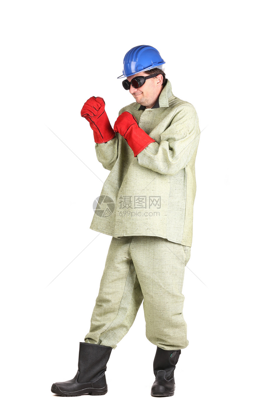 焊接员在硬帽拳击图片
