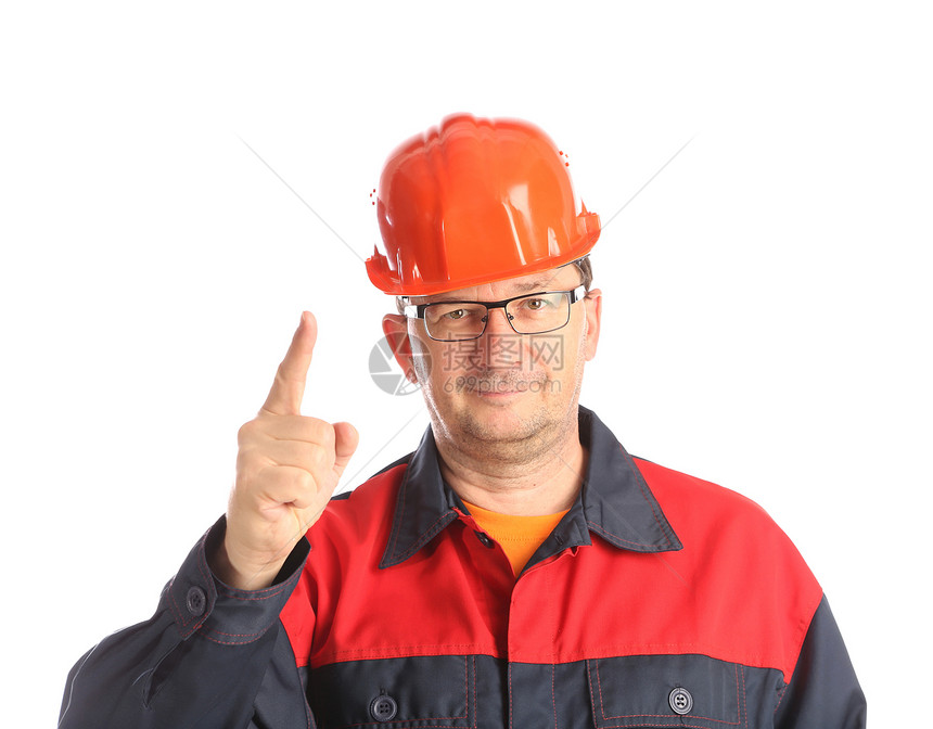 工人引起注意手指职业服务工业工具机械红色橙子身体帽子图片