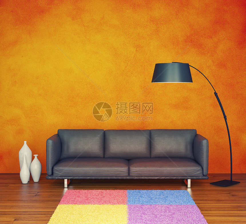 橙黄色墙壁房子长沙发家具建筑学地面住宅房间座位奢华装饰图片