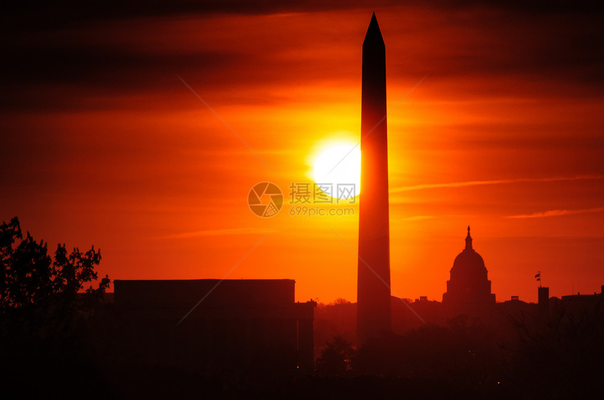 日落时华盛顿纪念碑红色地标直流电建筑学历史日出纪念碑建筑剪影纪念馆图片
