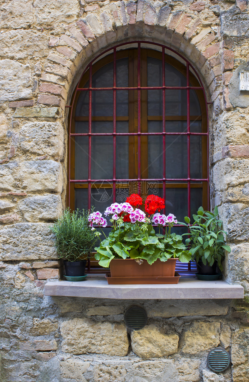 意大利伏尔特拉可爱的图斯卡窗户石头国家乡村植物村庄历史性房子花盆建筑学传统图片