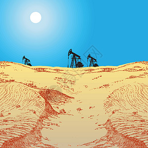 沙漠油田沙漠中的油泵石油管道原油气体活力危机汽油烟雾抽油机太阳设计图片
