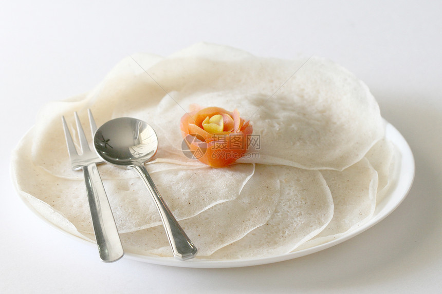 印度早餐Thosai勺子菜盘盘子米粉道彩图片