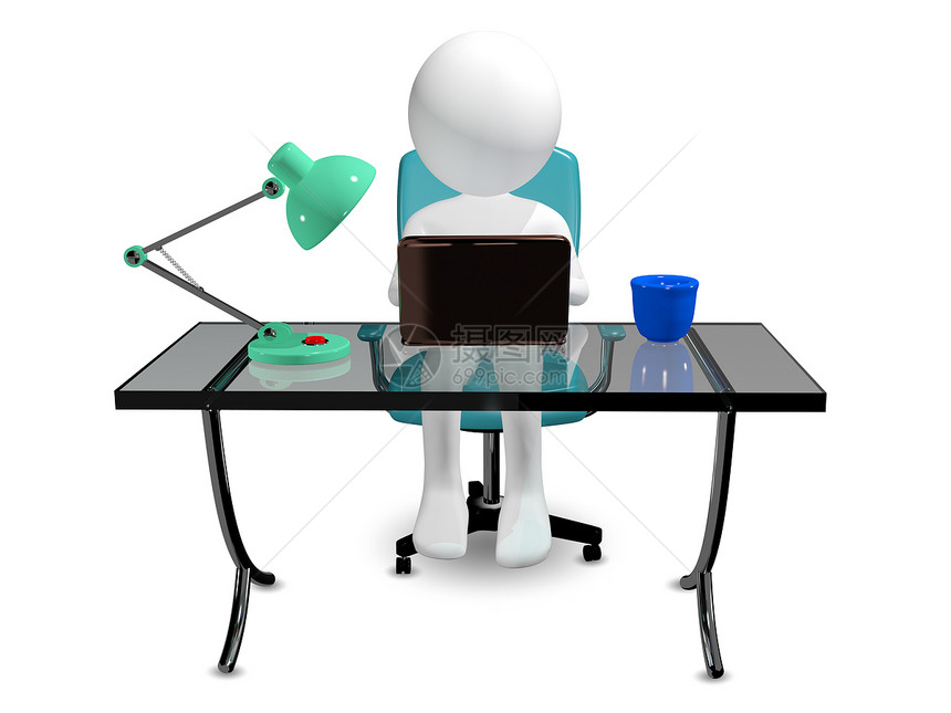 男人在桌子上笔记本屏幕职场蓝色工具咖啡玻璃邮件白色电子产品图片