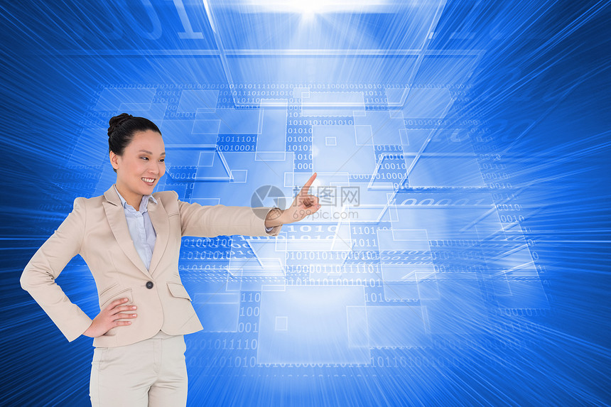 Asian商业女商务人士的复合形象技术连接手势未来派线条女士计算机快乐微笑计算图片