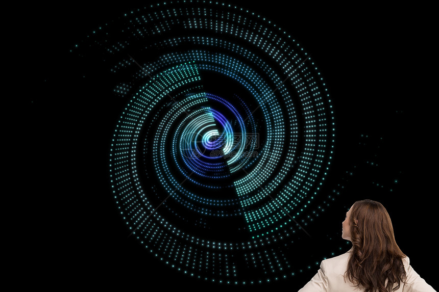 商业女商务人士的复合图像背靠着镜头站立头发计算机线条漩涡棕色景点紫色绘图商务漩涡状图片