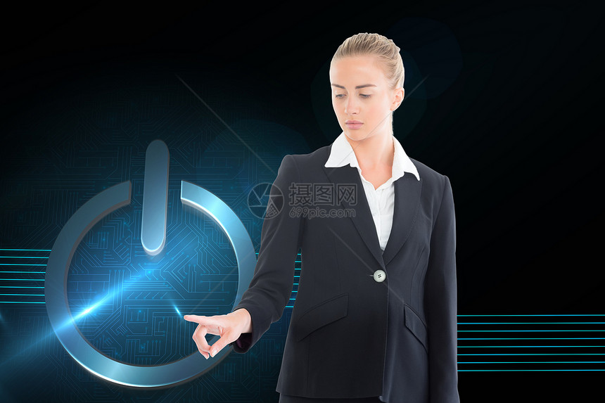 商业妇女指向某处的复合形象手势线条计算机按钮蓝色辉光人士套装头发商务图片