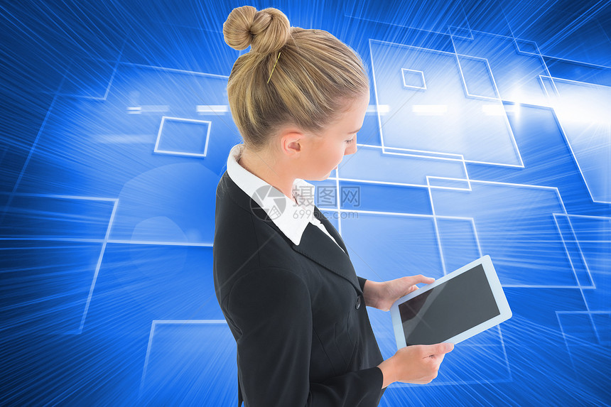 持有平板牌的女商务人士的综合形象职业火花线条白色商业绘图未来派蓝色电脑触摸屏图片