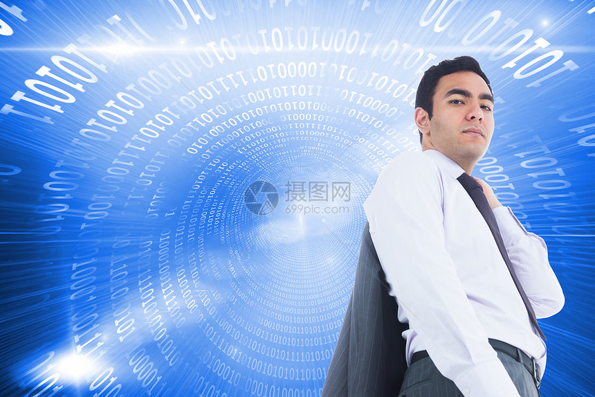 商务人士站立不笑不动的复合形象短发男性混血辉光螺旋未来派计算机蓝色圆圈编码图片
