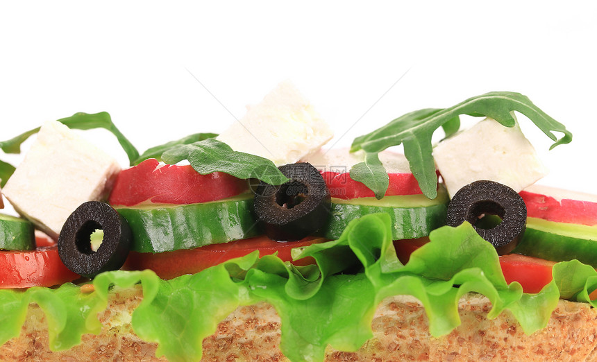 三明治加番茄橄榄和奶酪早餐食物包子胸部黄瓜小麦小吃午餐火腿野餐图片