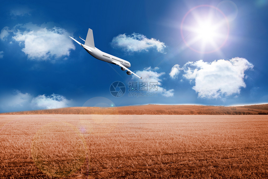 3D飞机飞越战场旅行假期绘图天空蓝色阳光航班航空旅游计算机图片