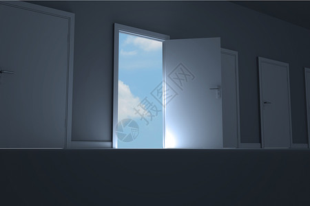 门在黑暗的房间打开 以显示天空数字绘图计算机多云背景图片