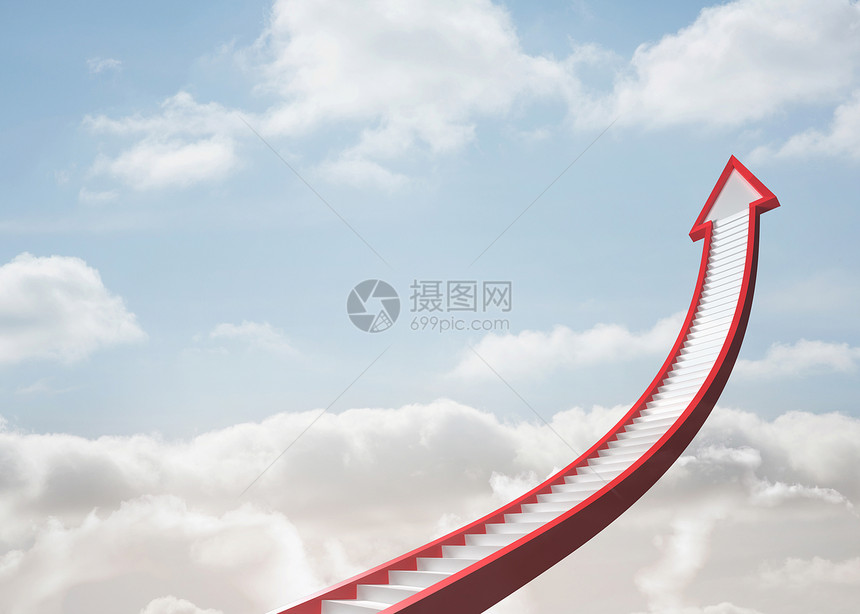 红楼梯箭指向天上进步天空计算机绘图多云成功生长红色图片
