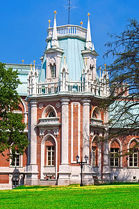 诺那塔莫斯科沙里西诺Tsaritsyno绿色博物馆旅行历史地标红色文化天空建筑公园背景
