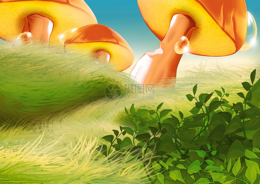 美丽的蘑菇位图动画片卡通片绘画蓝天插图灌木丛手绘图片